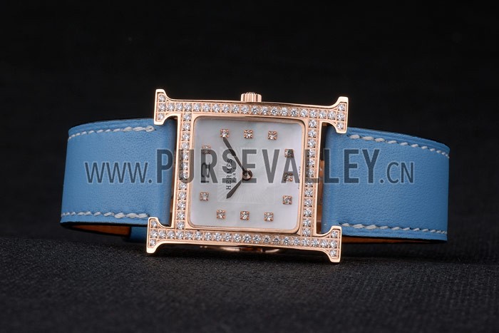 Hermes Heure H Rose Gold Diamond Encrusted Bezel Blue Leather Strap White Dial 80238