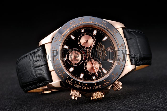 Rolex Daytona Rose Gold Case Black Dial Black Leather Strap
