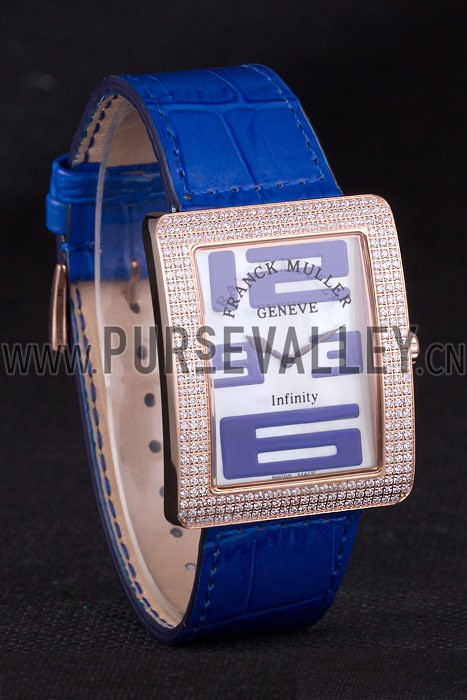 Franck Muller Infinity Diamond Encrusted Rose Gold Bezel Blue Croco Bracelet 80277