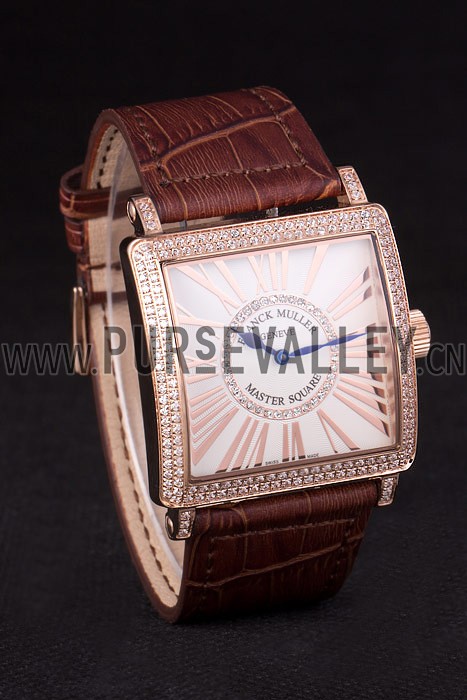 Franck Muller Master Square Diamond Encrusted Rose Gold Bezel Brown Croco Bracelet 80283