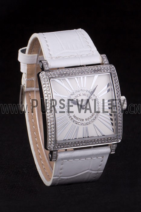 Franck Muller Master Square Diamond Encrusted Stainless Steel Bezel White Croco Bracelet 80284