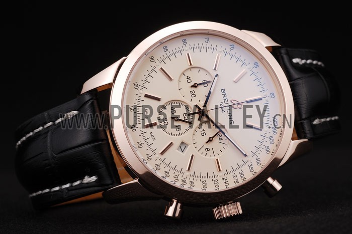 Breitling Transocean White Dial Black Leather Strap Rose Gold Bezel 98206