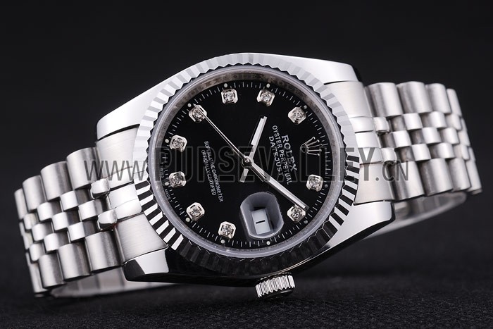 Rolex Datejust Black Dial Diamonds Ribbed Bezel 7458