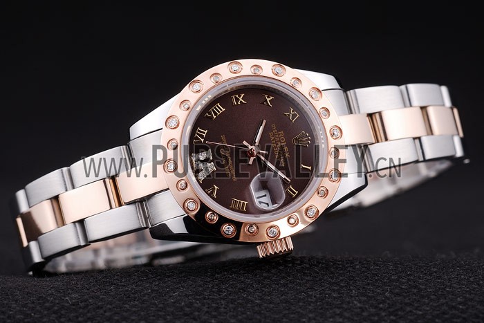 Rolex Datejust Diamonds Rose Gold Polished Bezel Brown Dial 7475
