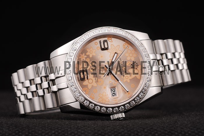 Rolex DateJust Brushed Stainless Steel Case Orange Flowers Dial Diamonds Plated