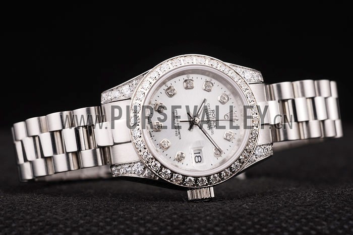 Rolex DateJust Brushed Stainless Steel Diamond Plated Case White Dial Diamond Plated Bezel