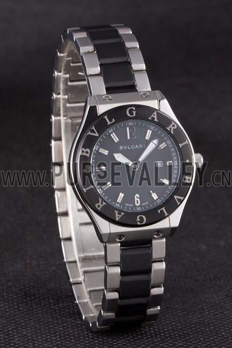 Bvlgari Diagono 40mm Black Dial Steel Case Black Bezel Two Tone Bracelet