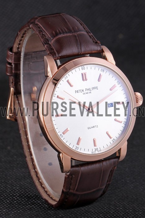 Patek Philipe Calatrava Roze Gold Polished Bezel Brown Leather Bracelet 801430