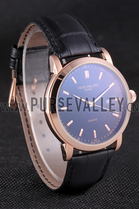 Patek Philipe Calatrava Roze Gold Polished Bezel Black Leather Bracelet 801432