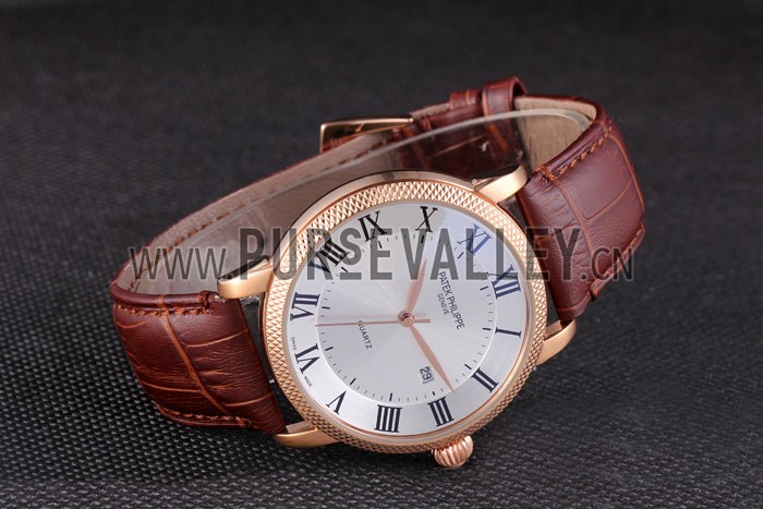 Patek Philipe Calatrava Roze Gold Ribbed Bezel Brown Leather Bracelet 801434