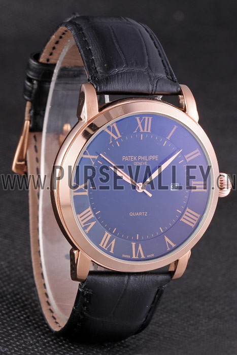 Patek Philipe Calatrava Roze Gold Polished Bezel Black Leather Bracelet 801435