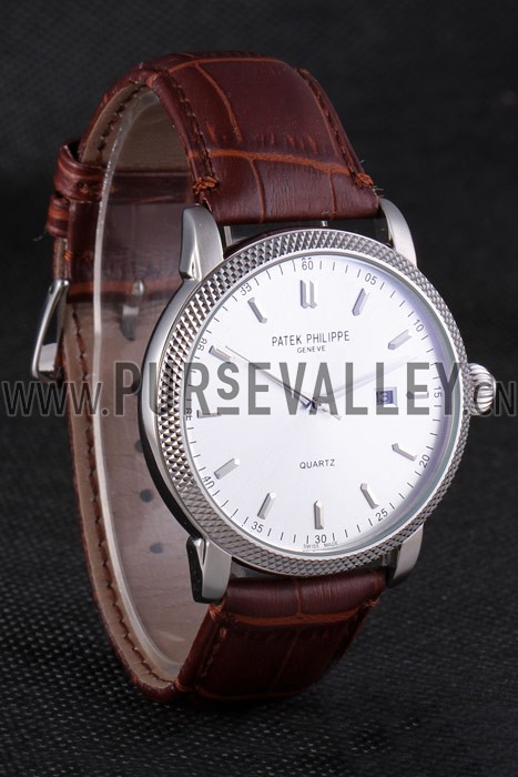 Patek Philipe Calatrava Stainless Steel Ribbed Bezel Brown Leather Bracelet 801429