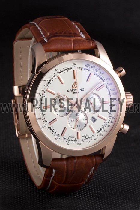 Breitling Transocean White Dial Brown Leather Strap Rose Gold Bezel