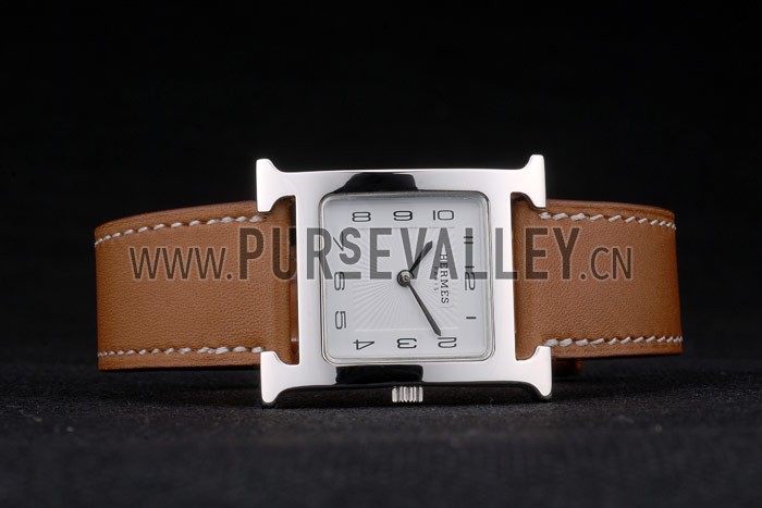 Hermes Heure H Stainless Steel Polished Bezel Tan Leather Strap White Dial 80230