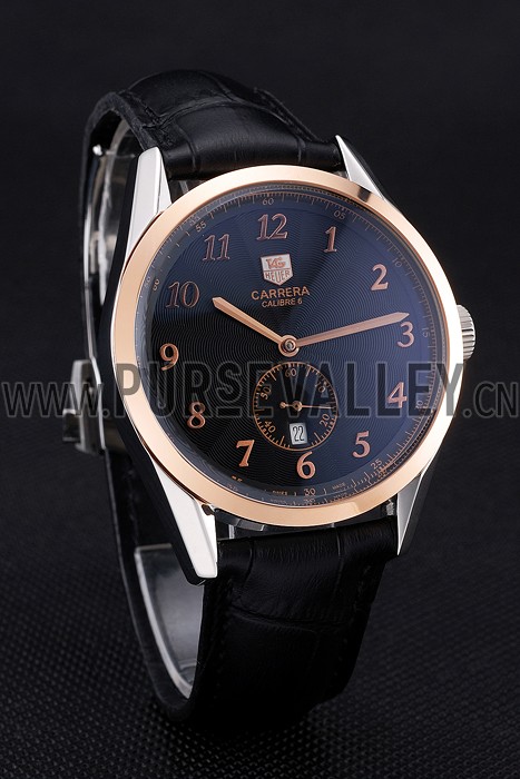 Tag Heuer Carerra Calibre 6 Black Dial Rose Gold Black Leather Band 622163