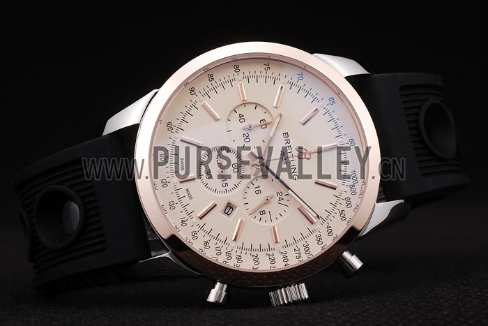 Breitling Transocean White Dial Black Rubber Strap Rose Gold Bezel