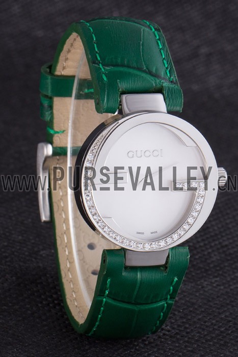 Gucci Interlocking Silver Bezel with Diamonds and Green Leather Band 621515