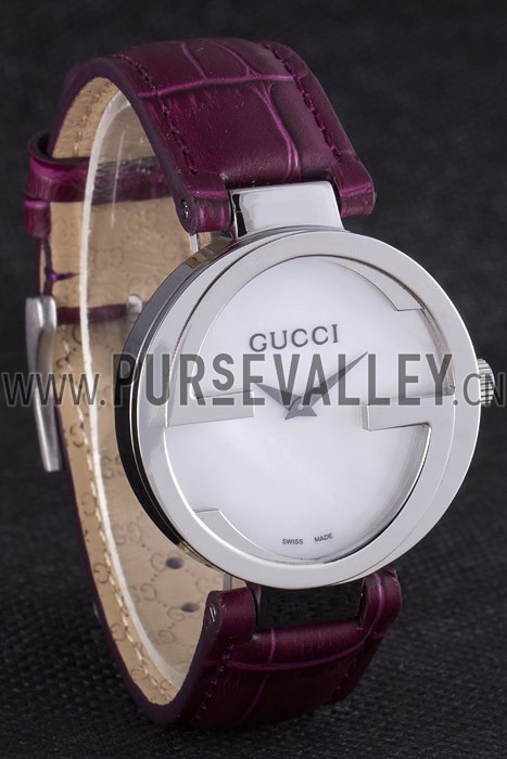 Gucci Interlocking Silver Bezel with Purple Leather Band 621516