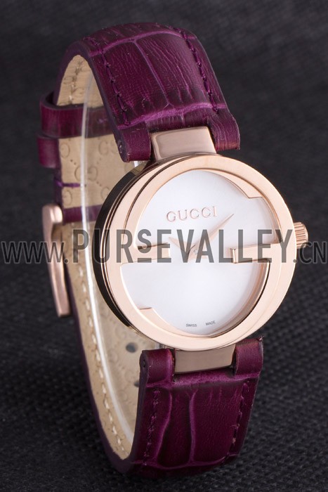 Gucci Interlocking Rose Gold Bezel with Purple Leather Band 621517
