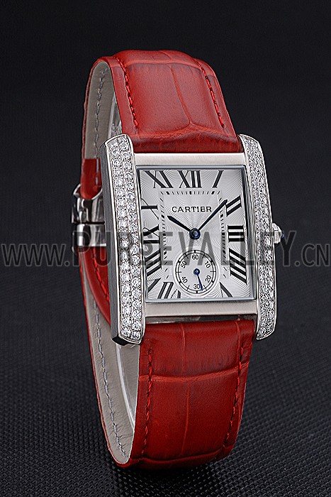 Cartier Tank MC Stainless Steel Diamond Case White Dial Red Leather Strap 622173