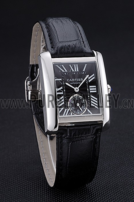 Cartier Tank MC Stainless Steel Case Black Dial Black Leather Strap 622174