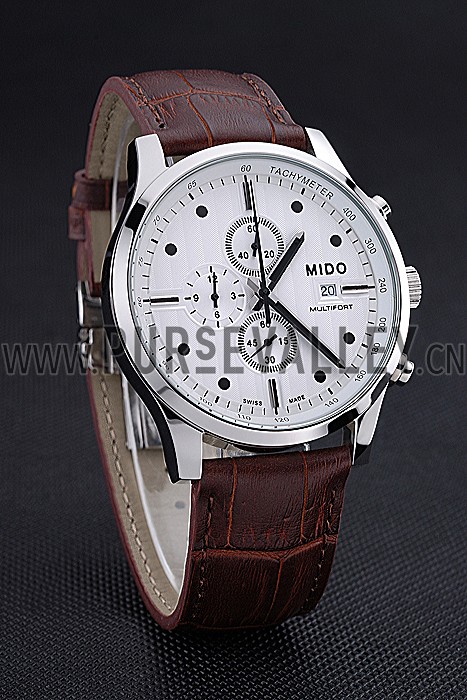 Mido Multifort Cronograph All White & Black Dial Brown Leather Strap 622183