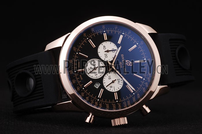 Breitling Transocean Black Dial Black Rubber Strap Rose Gold Bezel 98207