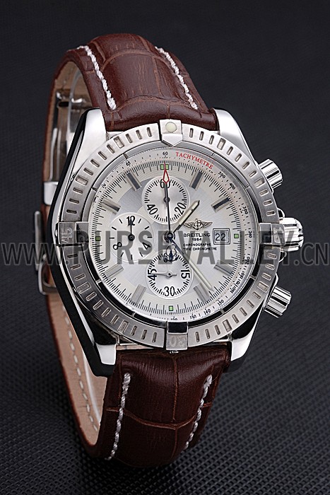 Breitling Chronomat 13 Stainless Steel Case White Dial Brown Leather Bracelet 622239