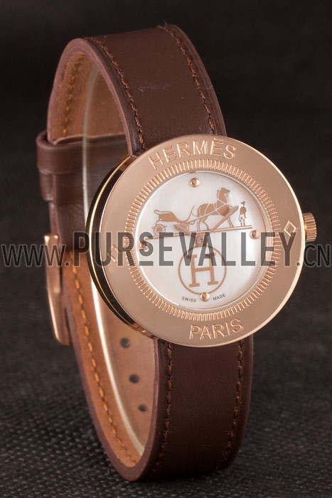 Hermes Classic MOP Dial Brown Leather Bracelet 801389