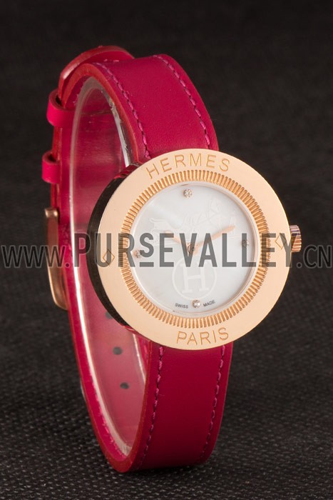 Hermes Classic MOP Dial Magenta Leather Bracelet 801388