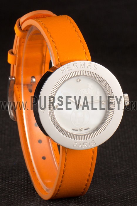 Hermes Classic MOP Dial Orange Leather Bracelet 801390