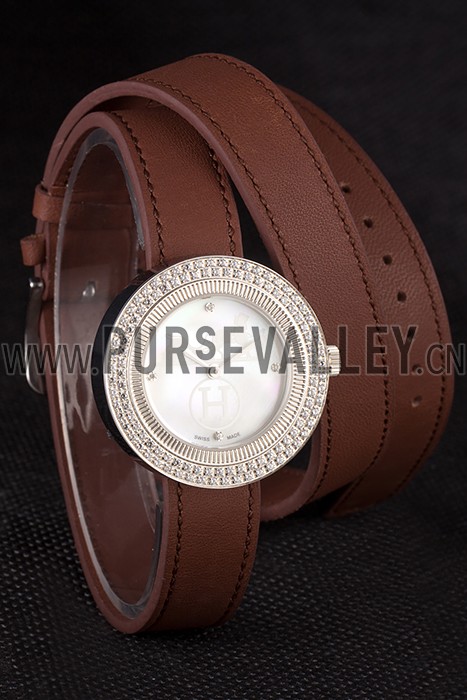 Hermes Classic MOP Dial Brown Elongated Leather Bracelet 801393