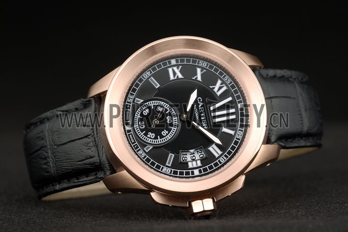 Cartier Calibre Black Dial Gold Case Black Leather Bracelet