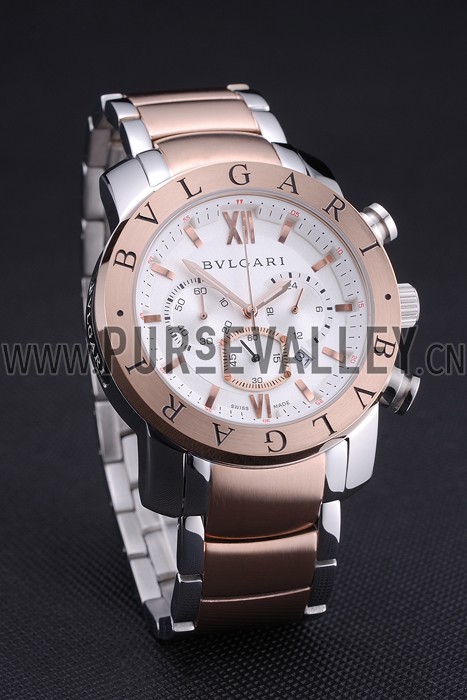 Bvlgari Diagono 46mm White Dial Stainless Steel Case Rose Gold Bezel Two Tone Bracelet