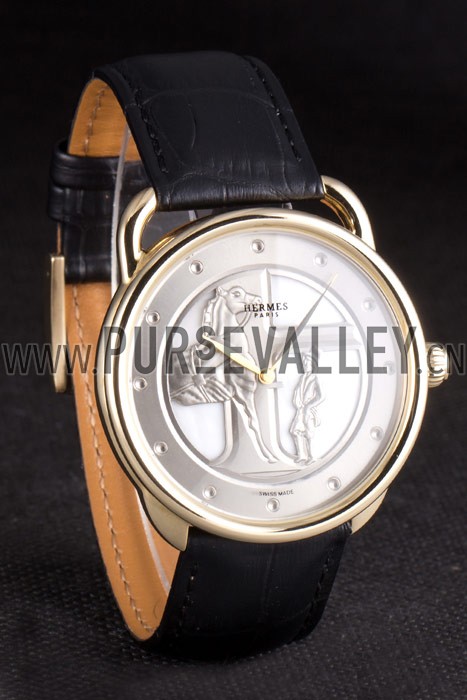 Hermes Classic Croco Leather Strap Silver Dial 801401