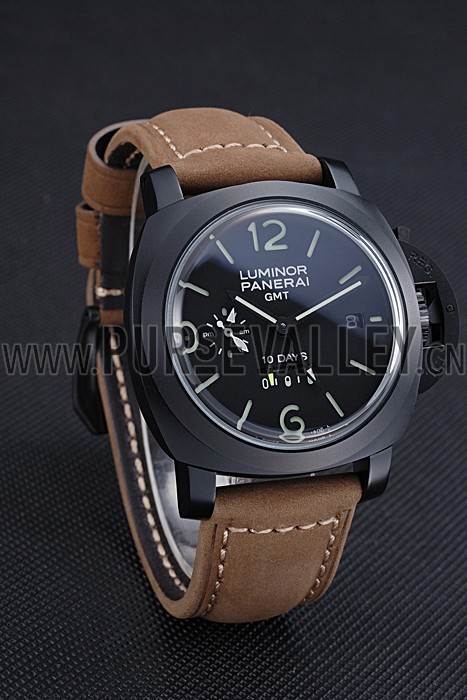 Panerai Luminor GMT Ion Plated Stainless Steel Bezel Khaki Leather Bracelet 622315