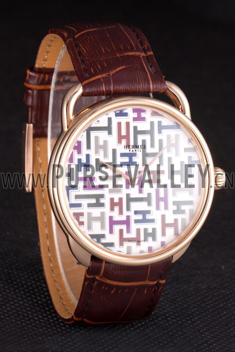 Hermes Classic Croco Leather Strap Multicolor Patterned Logo Dial 801402