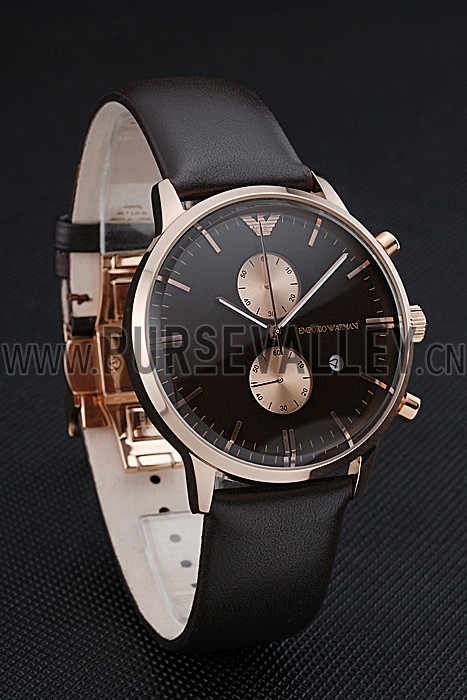 Emporio Armani Classic Chronograph Black Dial Rose Gold Case Black Leather Bracelet 622333