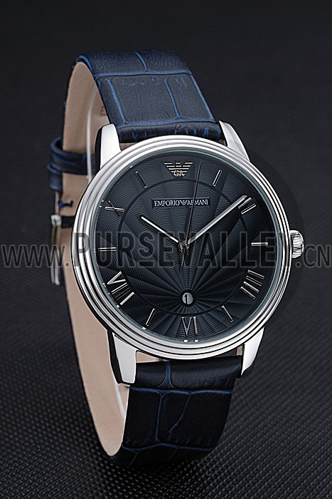Emporio Armani Classic Dark Blue Dial Silver Case Dark Blue Leather Bracelet 622335