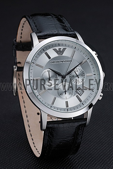 Emporio Armani Classic Chronograph Silver Dial Black Leather Bracelet 622339