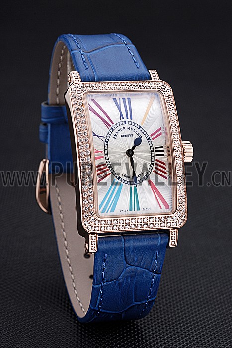 Franck Muller Long Island Classic White Dial Diamonds Case Blue Leather Band 622376