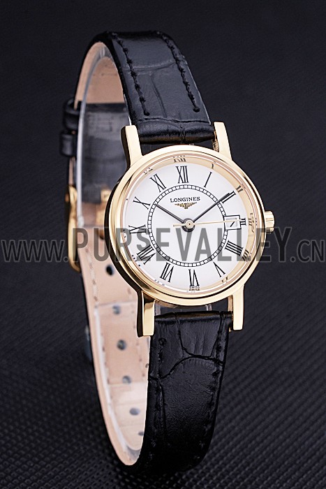 Longines La Grande Classique White Round Dial Gold Case Black Leather Band Small 622383