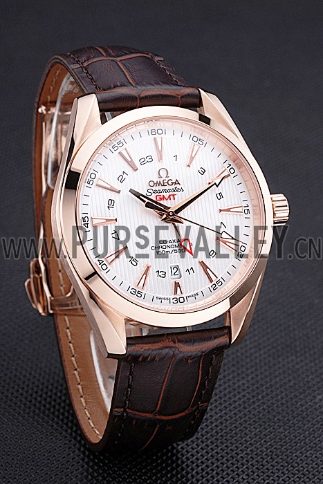 Omega Seamaster Planet Ocean GMT White Dial Rose Gold Case Brown Leather Band 622400