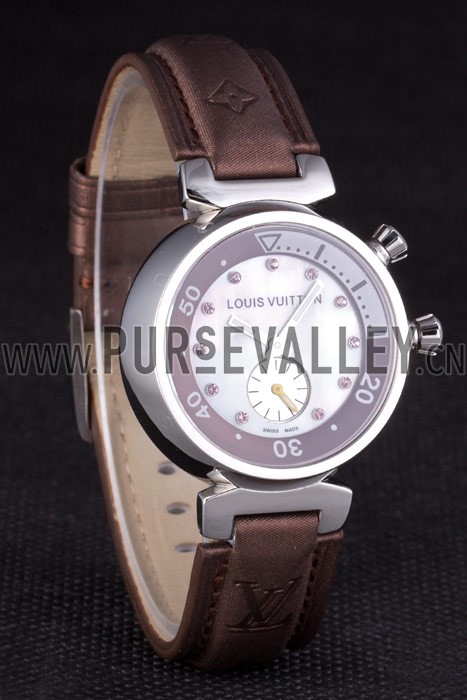 Louis Vuitton Tambour Brown Leather Bracelet White Dial 801420