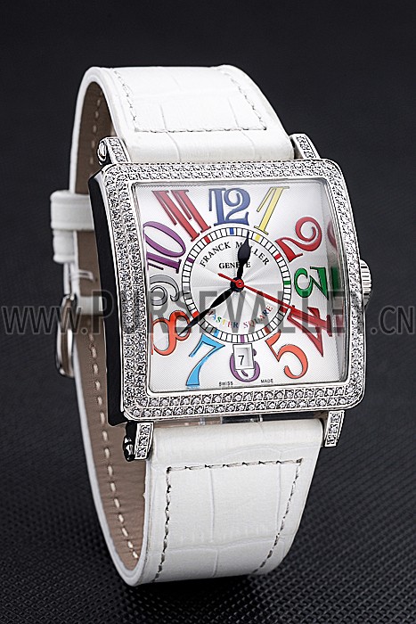 Franck Muller Master Square Color Dreams Diamonds Case White Leather Band 622356
