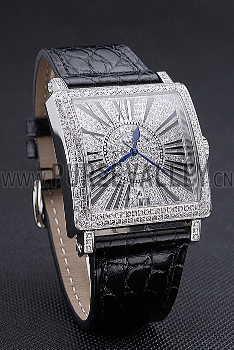 Franck Muller Master Square Diamonds Dial Diamonds Case Black Leather Band 622358