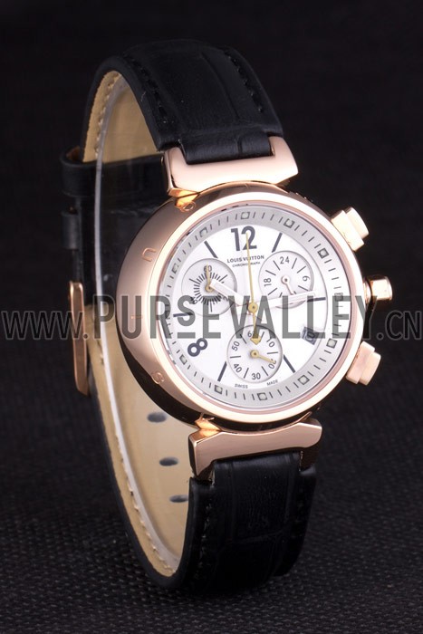 Louis Vuitton Tambour Black Leather Bracelet White Dial 801418
