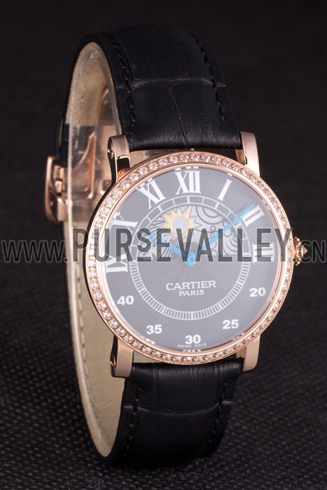 Cartier Moonphase Rose Gold Watch with Black Leather Band ct251 621370