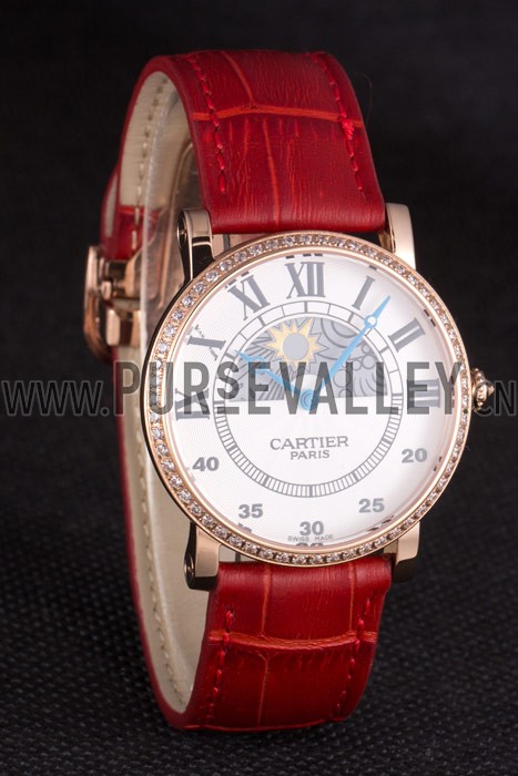 Cartier Moonphase Rose Gold Watch with Red Leather Band ct253 621372