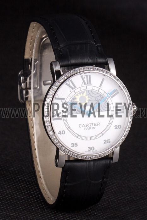 Cartier Moonphase Silver Watch with Black Leather Band ct255 621374
